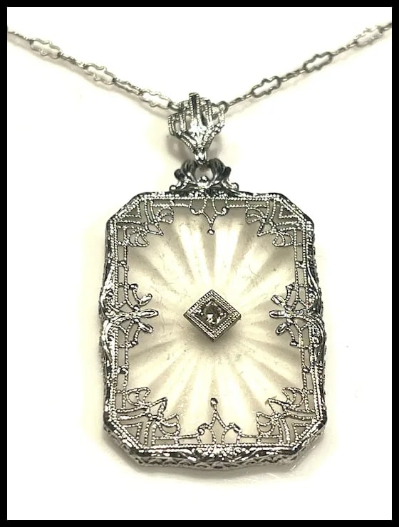 Art Deco 14k Filigree Camphor Glass and Diamond Necklace - 3