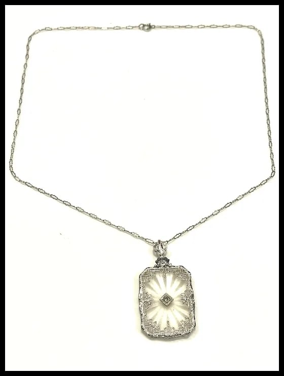 Art Deco 14k Filigree Camphor Glass and Diamond Necklace - 4