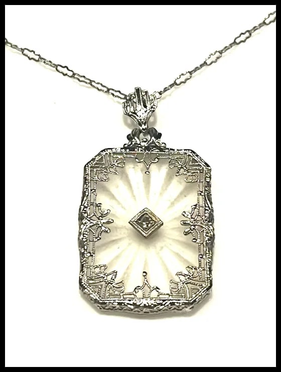 Art Deco 14k Filigree Camphor Glass and Diamond Necklace - 5