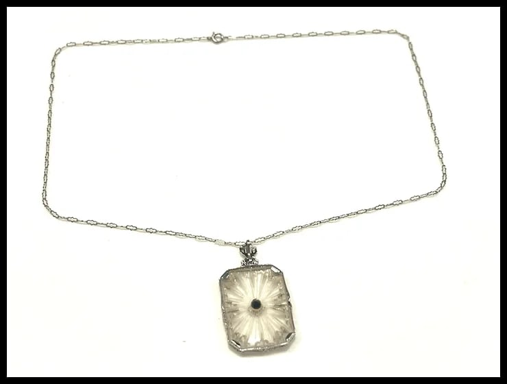 Art Deco 14k Filigree Camphor Glass and Diamond Necklace - 6