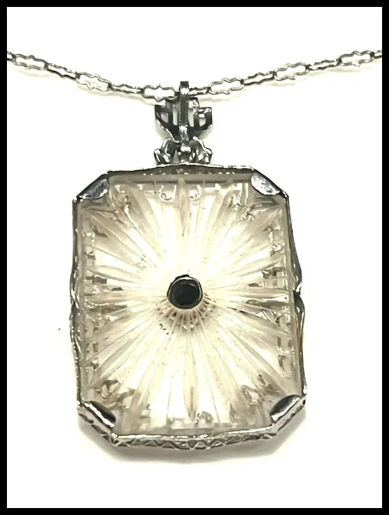 Art Deco 14k Filigree Camphor Glass and Diamond Necklace - 7