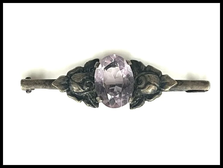 Vintage Silver Amethyst Rose Bar Pin/ Brooch - 2