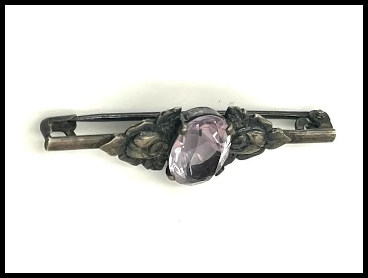 Vintage Silver Amethyst Rose Bar Pin/ Brooch - 4