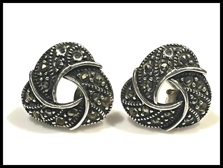 Vintage Trinity Marcasite Post Stud Sterling Silver Earrings - 2