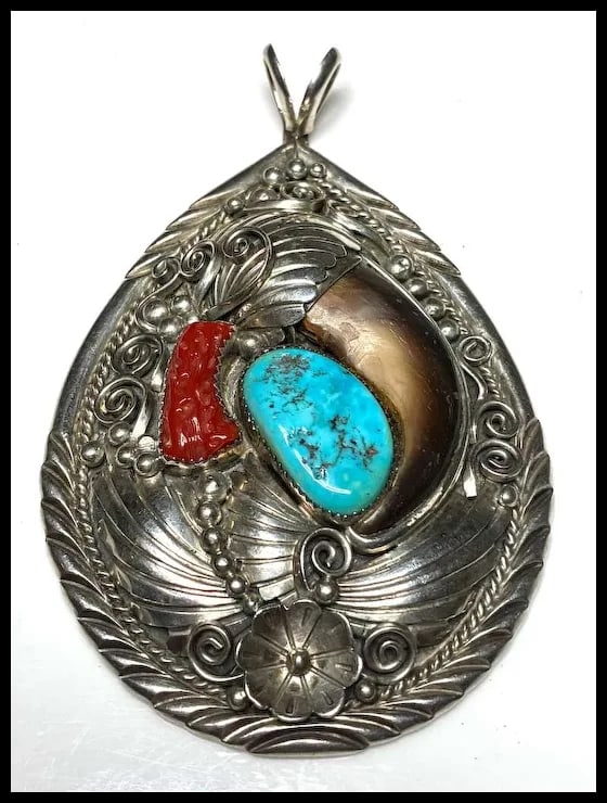 Vintage Oversized Navajo Ted Joe Sterling Silver Bear Claw, Coral, and Turquoise Pendant - 2