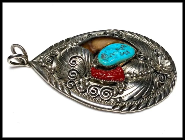 Vintage Oversized Navajo Ted Joe Sterling Silver Bear Claw, Coral, and Turquoise Pendant - 4