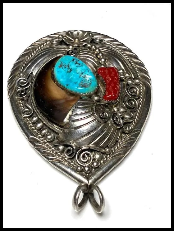 Vintage Oversized Navajo Ted Joe Sterling Silver Bear Claw, Coral, and Turquoise Pendant - 5