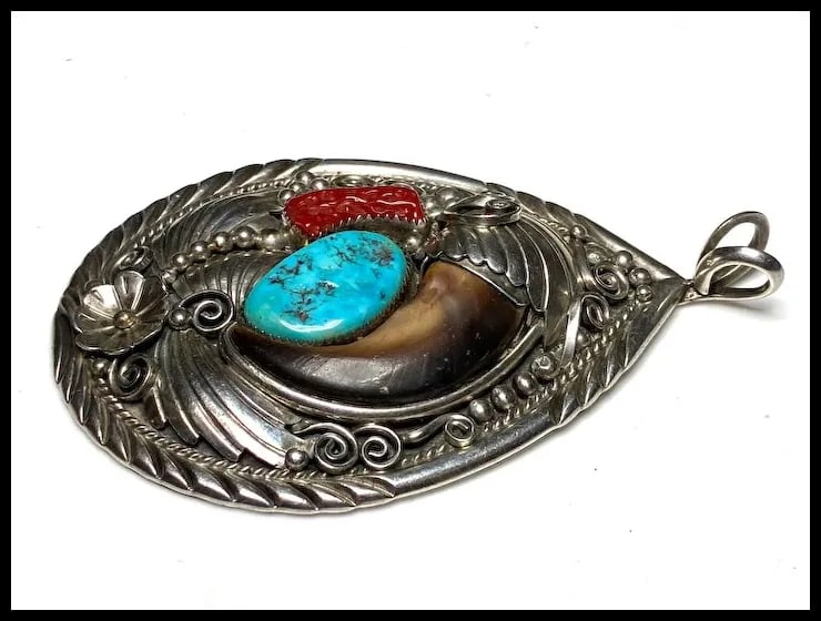 Vintage Oversized Navajo Ted Joe Sterling Silver Bear Claw, Coral, and Turquoise Pendant - 6
