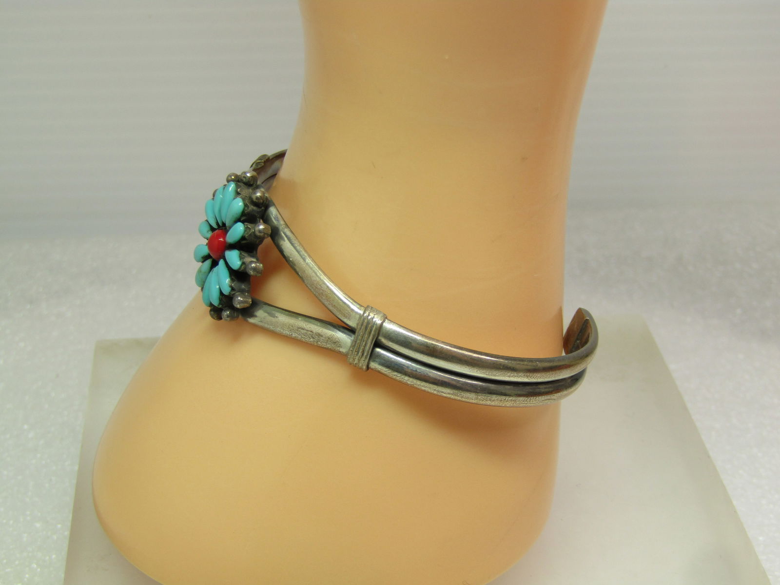 Vintage Southwestern Turquoise Red Coral Cuff Bracelet, 7", Zuni, 1970's-1980's - 2