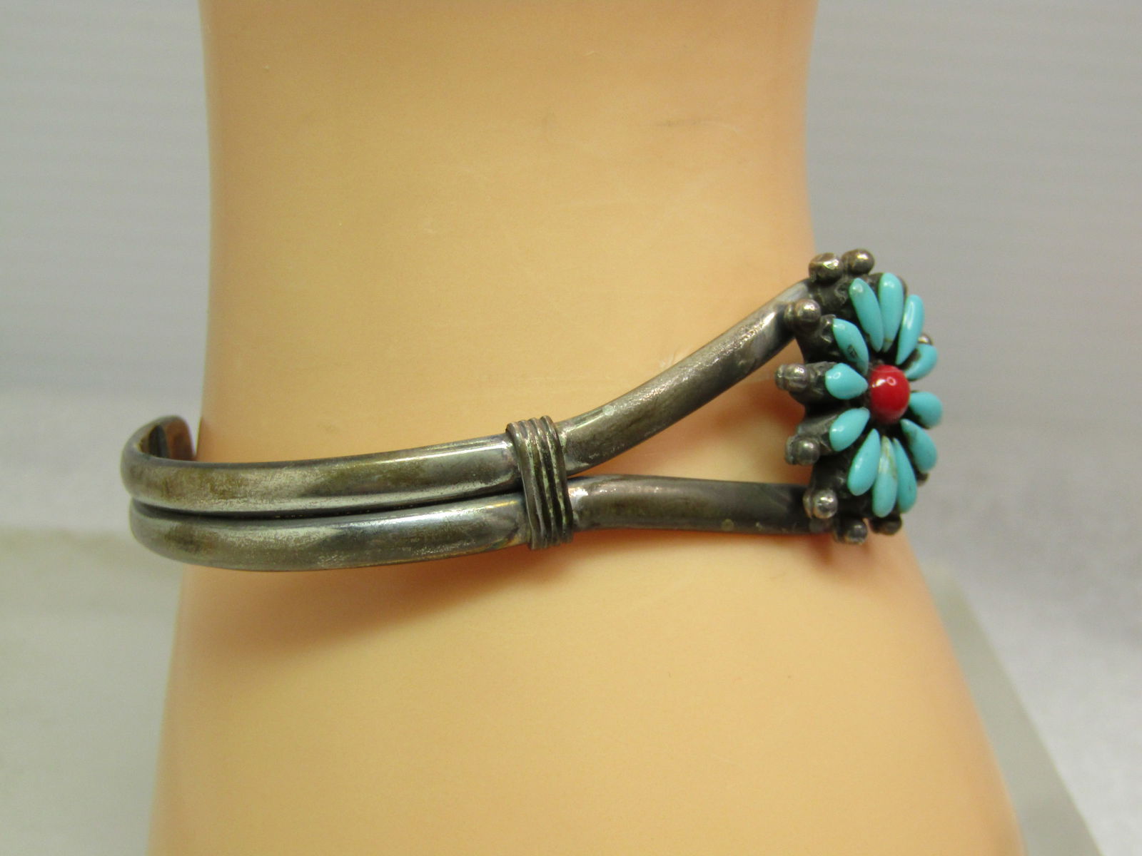 Vintage Southwestern Turquoise Red Coral Cuff Bracelet, 7", Zuni, 1970's-1980's - 3