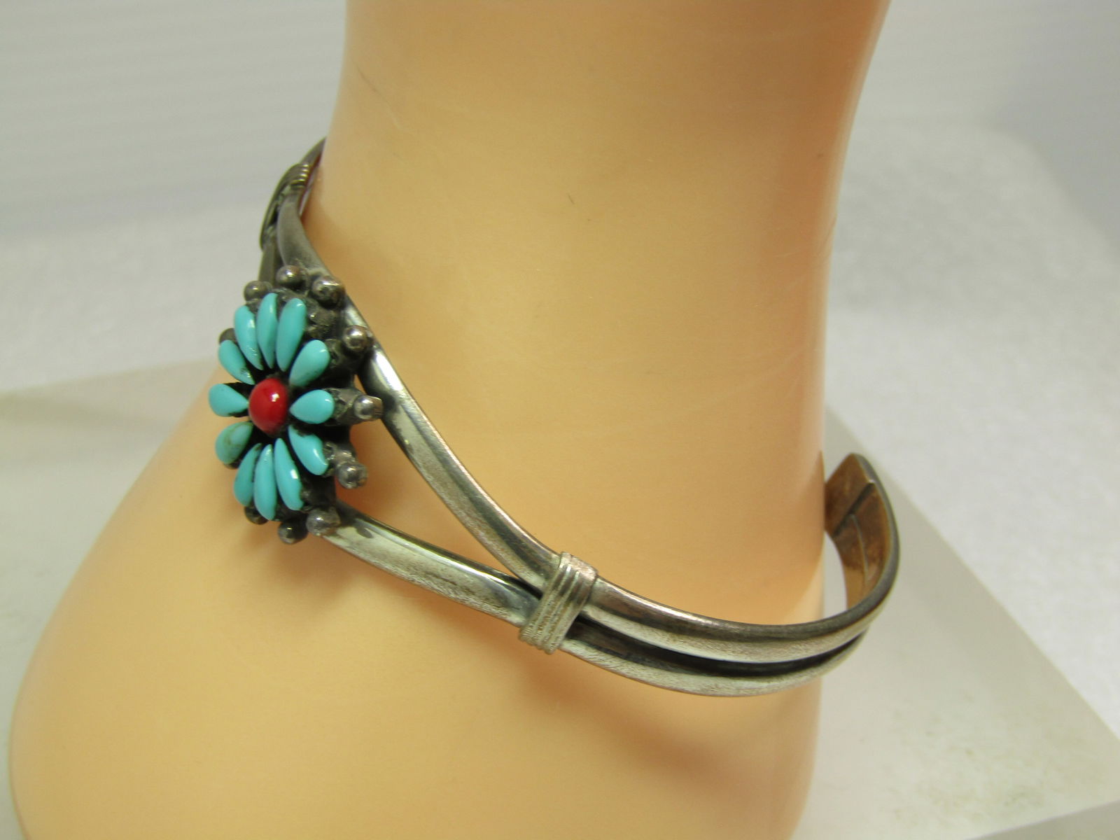 Vintage Southwestern Turquoise Red Coral Cuff Bracelet, 7", Zuni, 1970's-1980's - 4