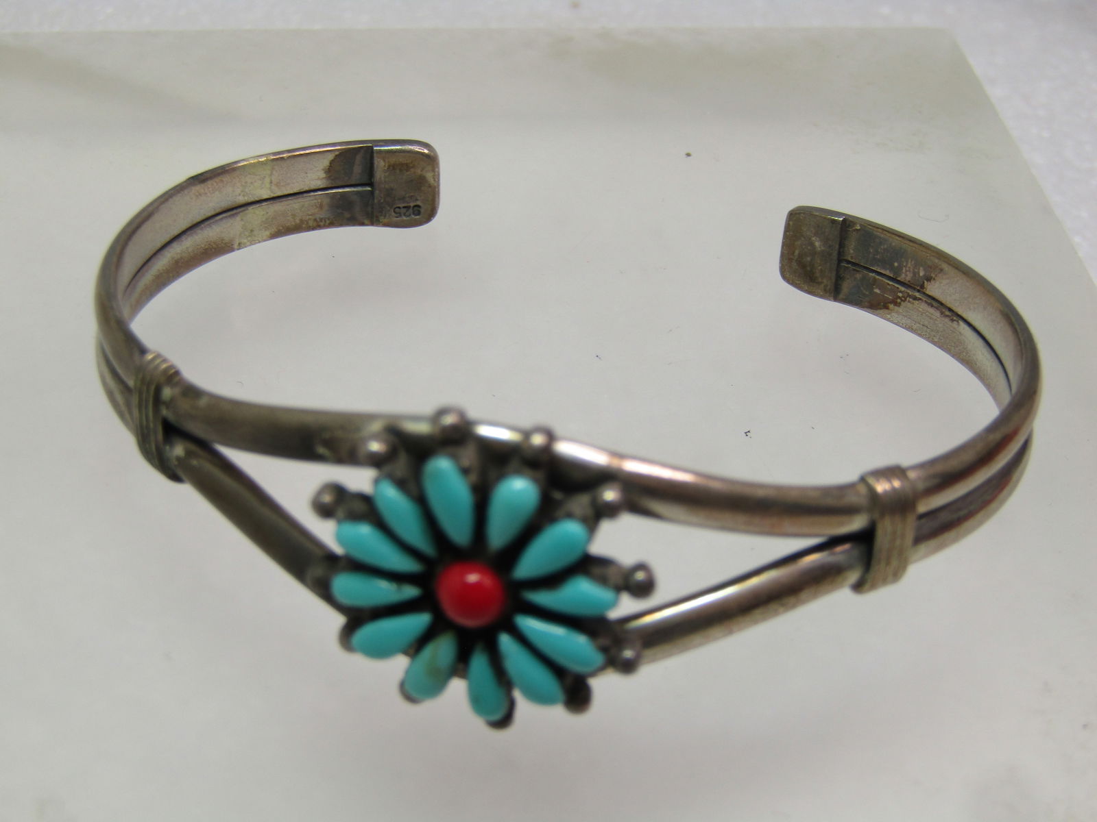 Vintage Southwestern Turquoise Red Coral Cuff Bracelet, 7", Zuni, 1970's-1980's - 5