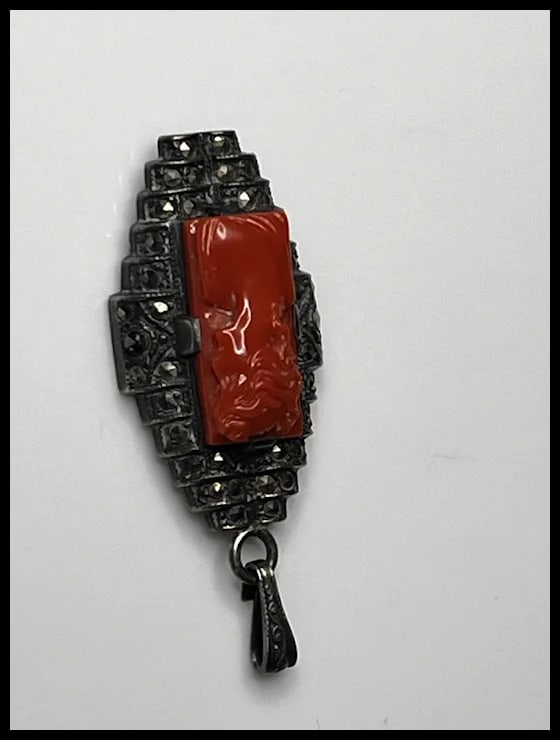 Vintage Carved Coral Cameo and Marcasite Pendant - 4