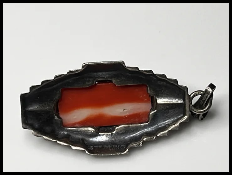 Vintage Carved Coral Cameo and Marcasite Pendant - 5