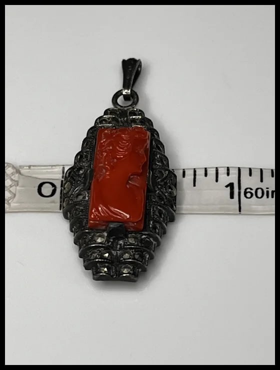 Vintage Carved Coral Cameo and Marcasite Pendant - 7