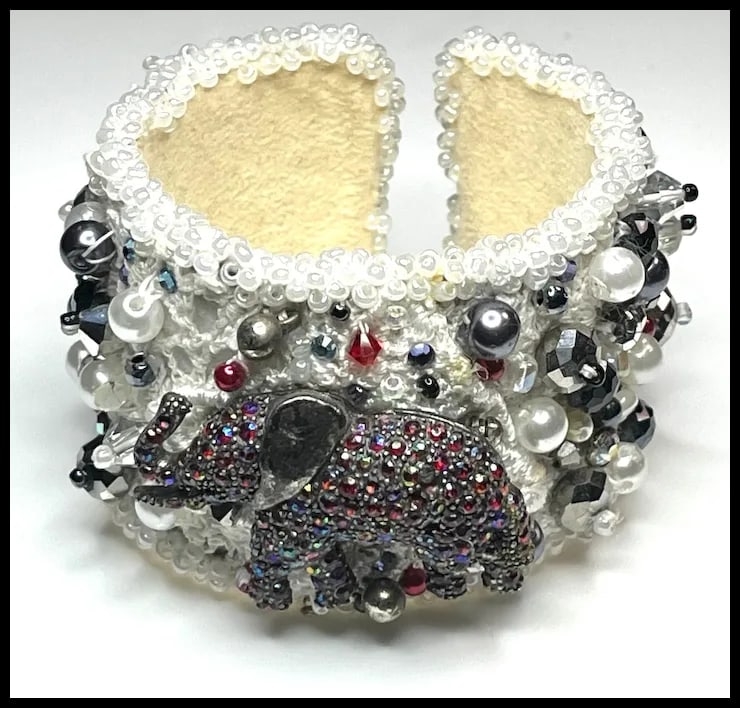 Vintage Handmade Artisan Beaded Elephant Bracelet/Cuff - 2