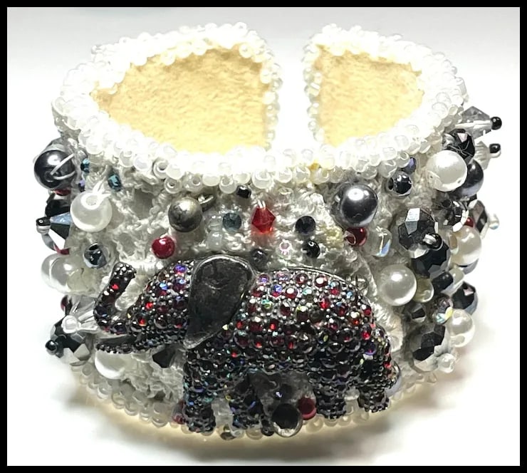 Vintage Handmade Artisan Beaded Elephant Bracelet/Cuff - 3