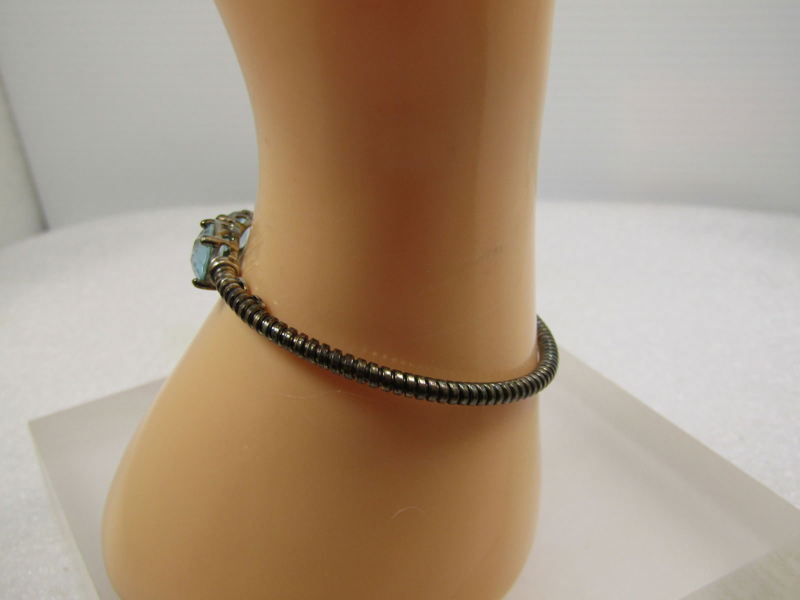 Vintage Sterling Top Opening Bangle/Cuff Bracelet, Blue Glass Stones, 1980's, Signed - 2