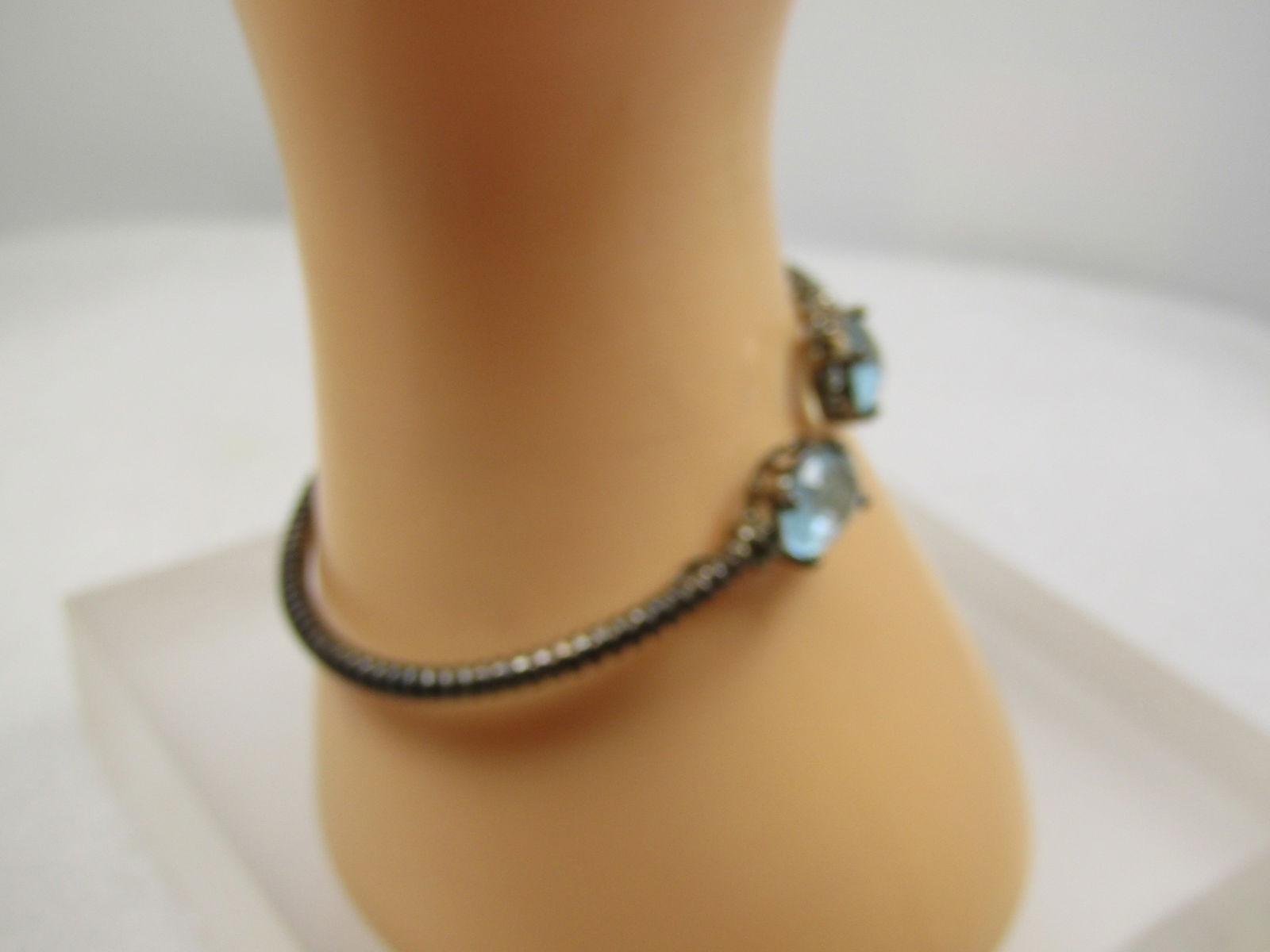 Vintage Sterling Top Opening Bangle/Cuff Bracelet, Blue Glass Stones, 1980's, Signed - 3