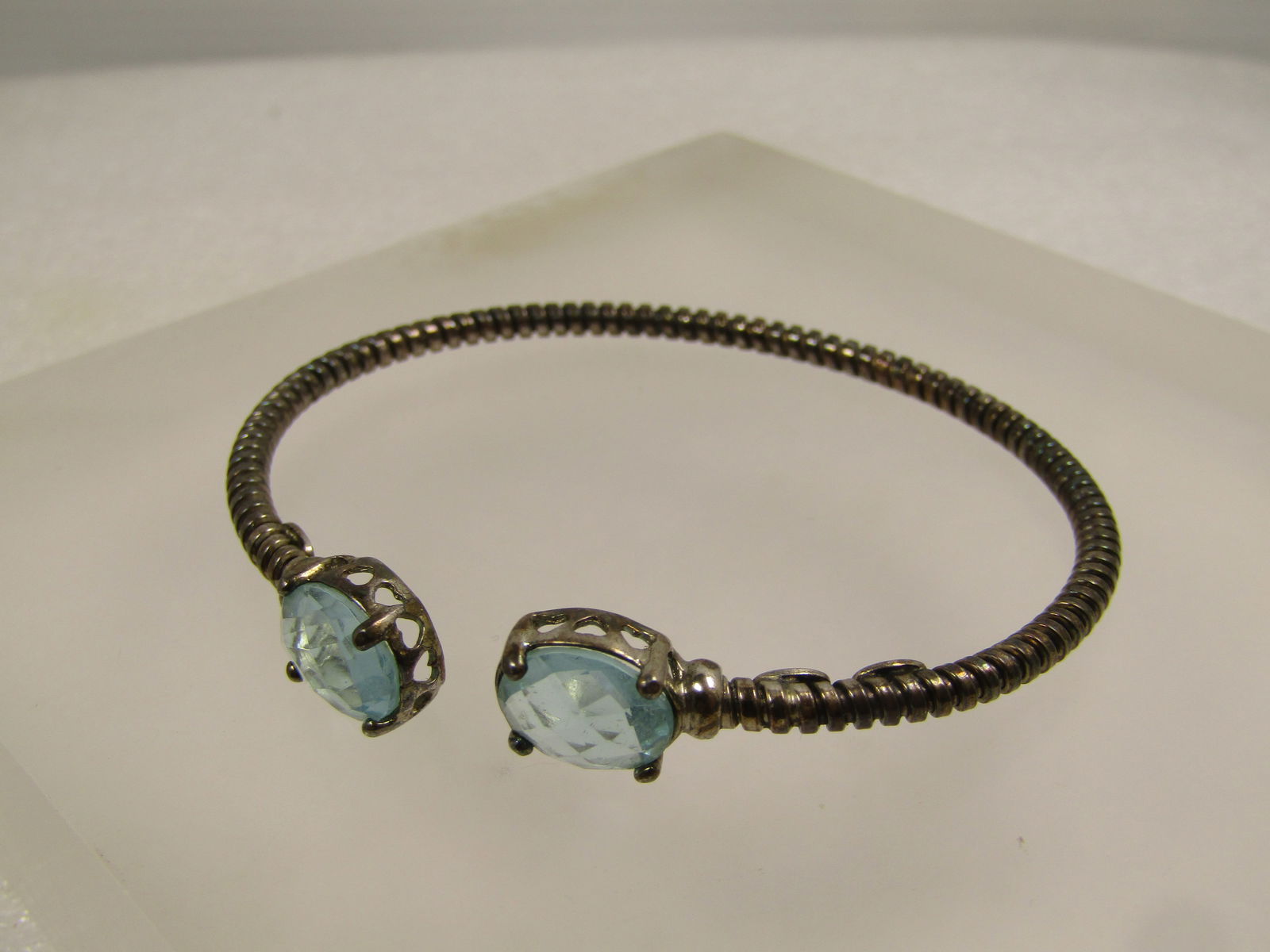 Vintage Sterling Top Opening Bangle/Cuff Bracelet, Blue Glass Stones, 1980's, Signed - 4
