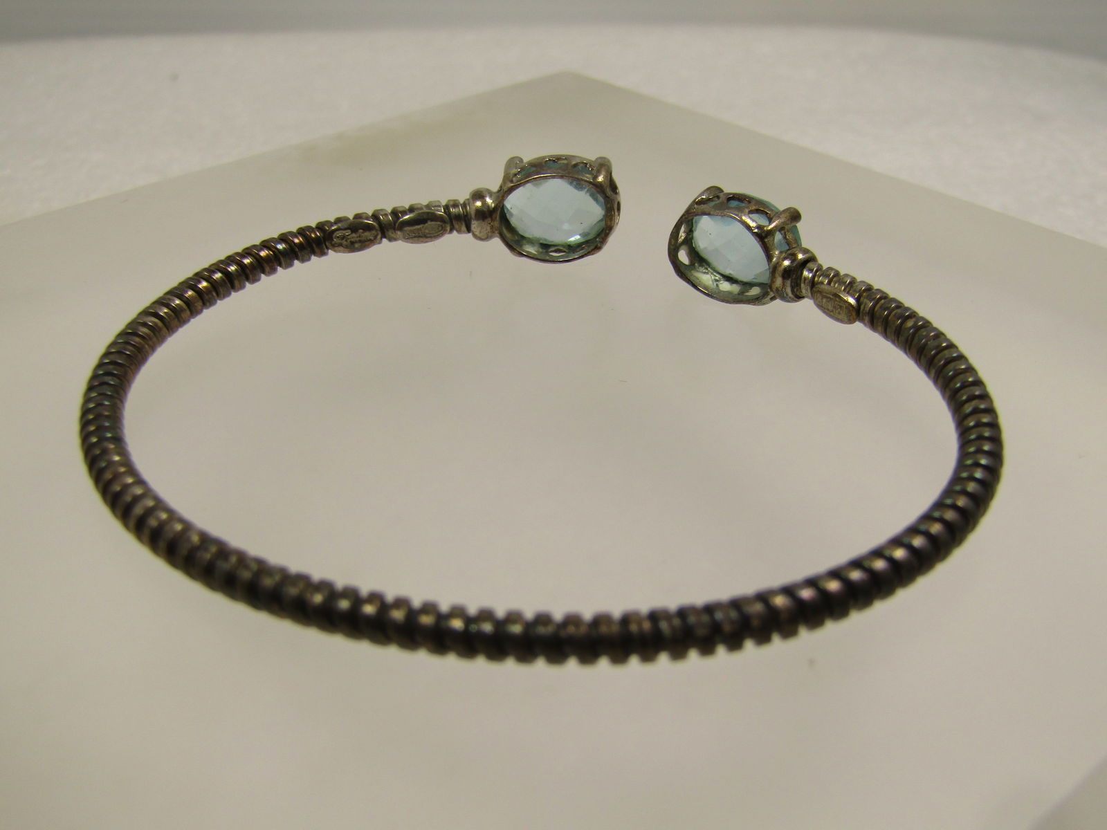 Vintage Sterling Top Opening Bangle/Cuff Bracelet, Blue Glass Stones, 1980's, Signed - 6