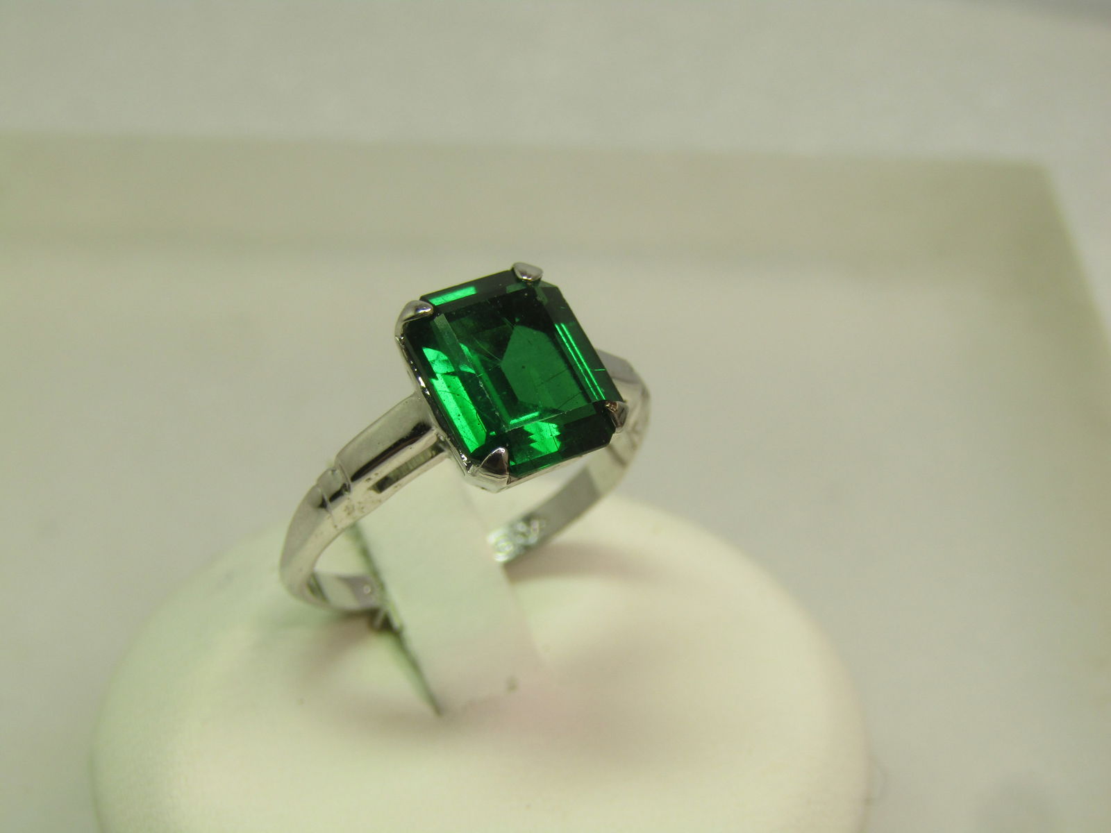 Vintage Green Rectangular Cut Stone Ring, Marked Sterling, Sz. 7.5, 1960's-1970's, Signed - 2