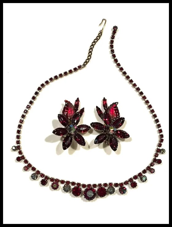 Vintage Red Rhinestone Statement Necklace and Earring Set - 2