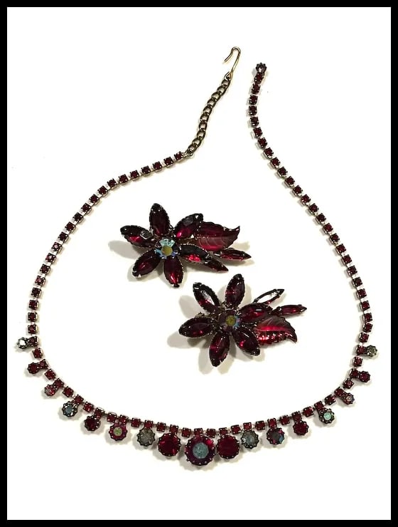 Vintage Red Rhinestone Statement Necklace and Earring Set - 3
