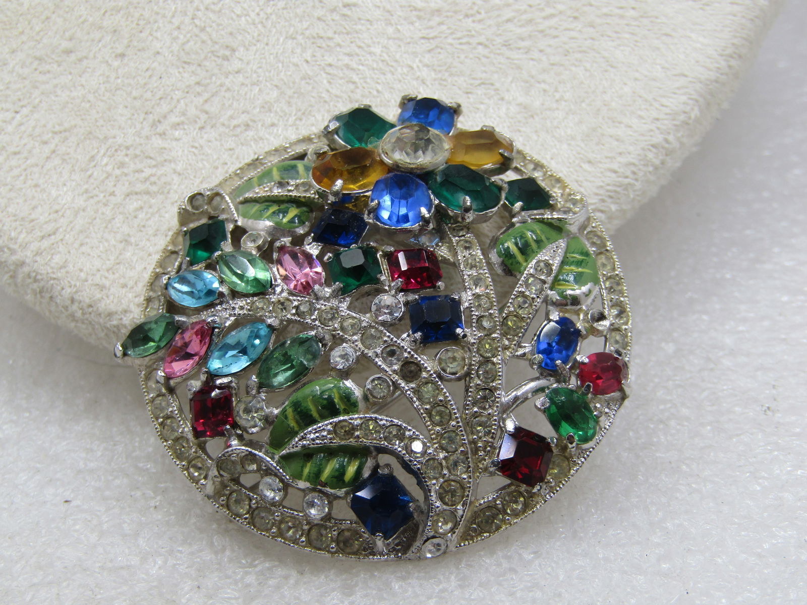 Vintage Art Deco Rhinestone Floral Brooch, 2" Round, 1930's - 2