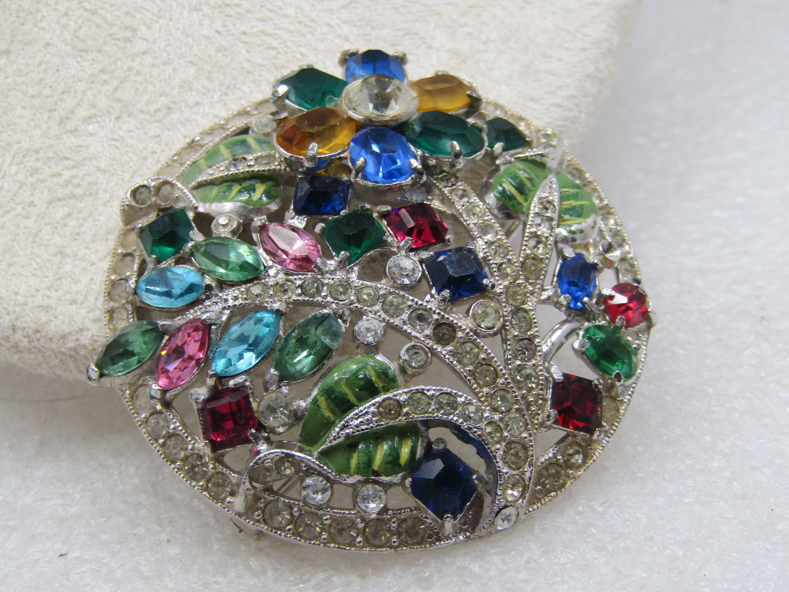 Vintage Art Deco Rhinestone Floral Brooch, 2" Round, 1930's - 3