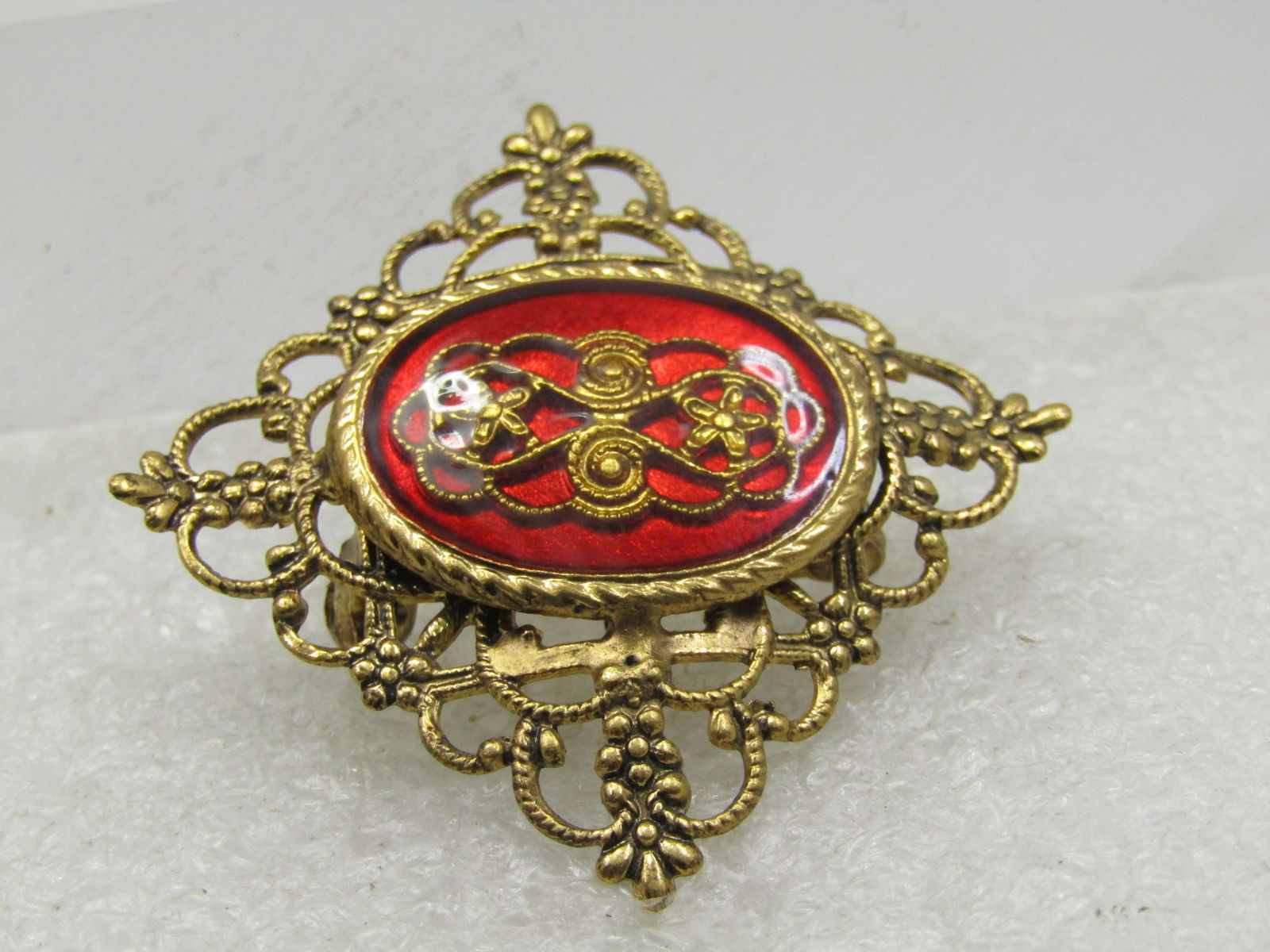 Vintage Red Filigree Scrolled Brooch, Mid-Century, 1.25" Square - 3