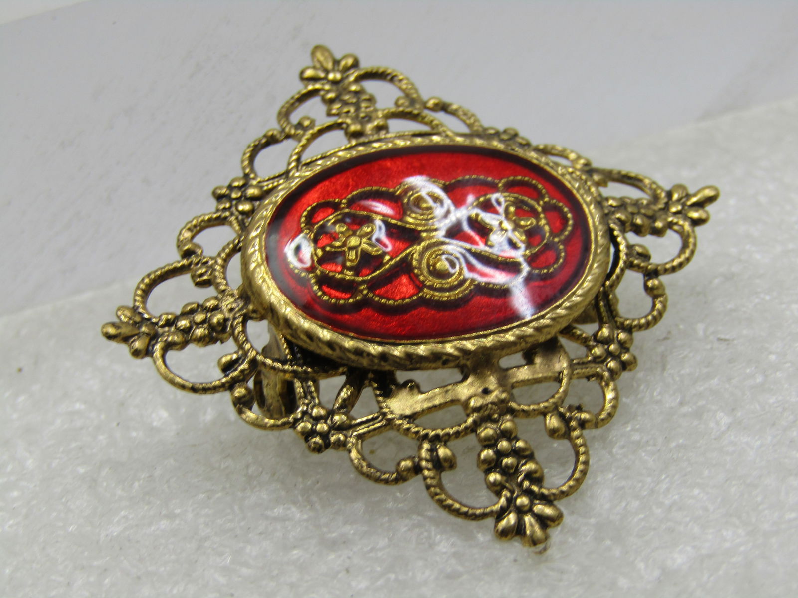 Vintage Red Filigree Scrolled Brooch, Mid-Century, 1.25" Square - 4