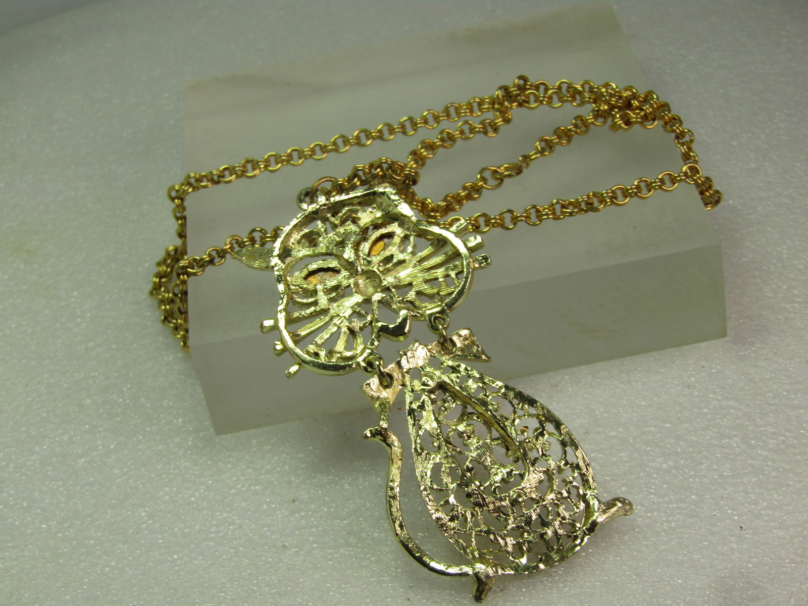 Vintage Tall Cat Necklace, Rhinestone Eyes, 24" Gold Tone, 1960's - 6