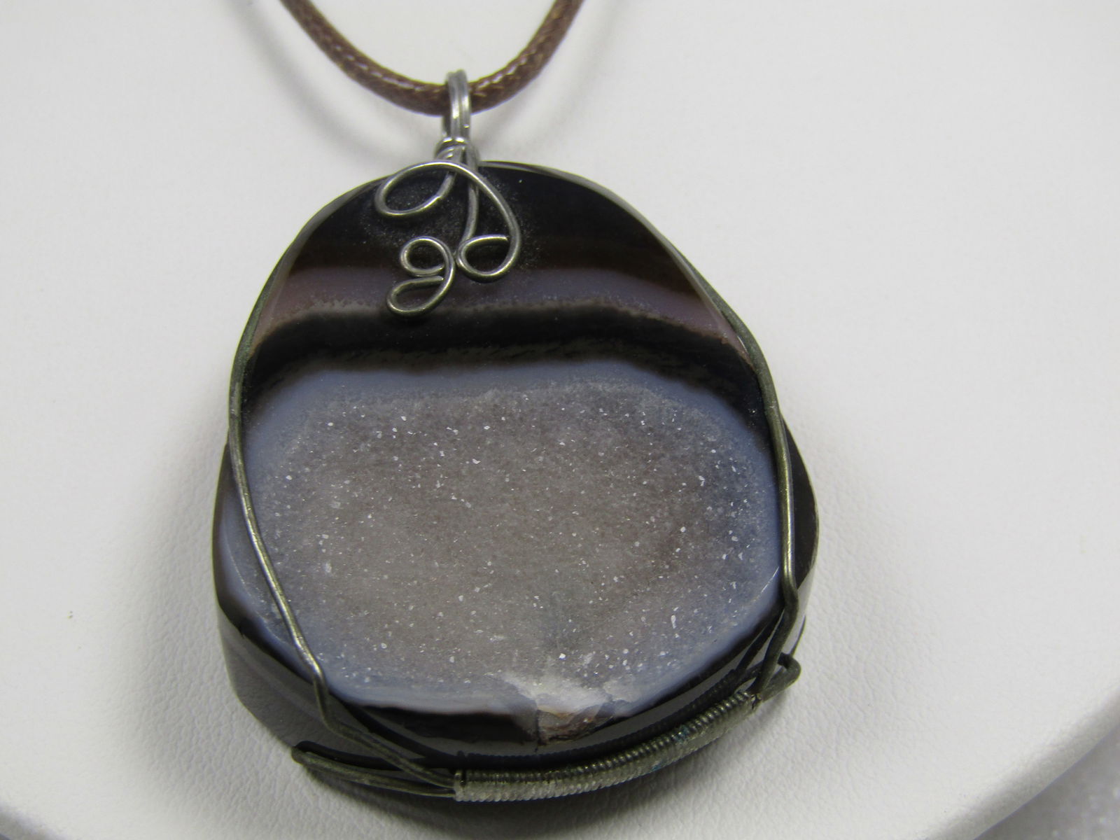 Brown Montana Druzy Agate Pendant on Brown Cord Necklace, 18"-20", 1980's-1990's - 3