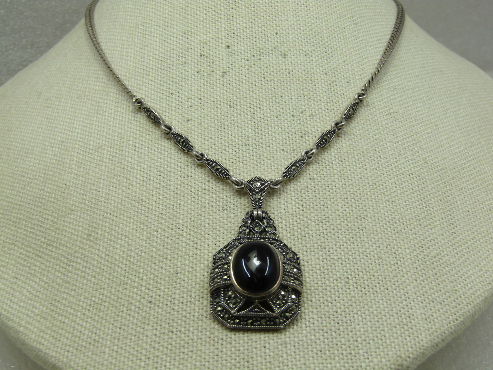 Vintage Sterling Onyx Lavalier Marcasite Lavalier Necklace, 16" - 2