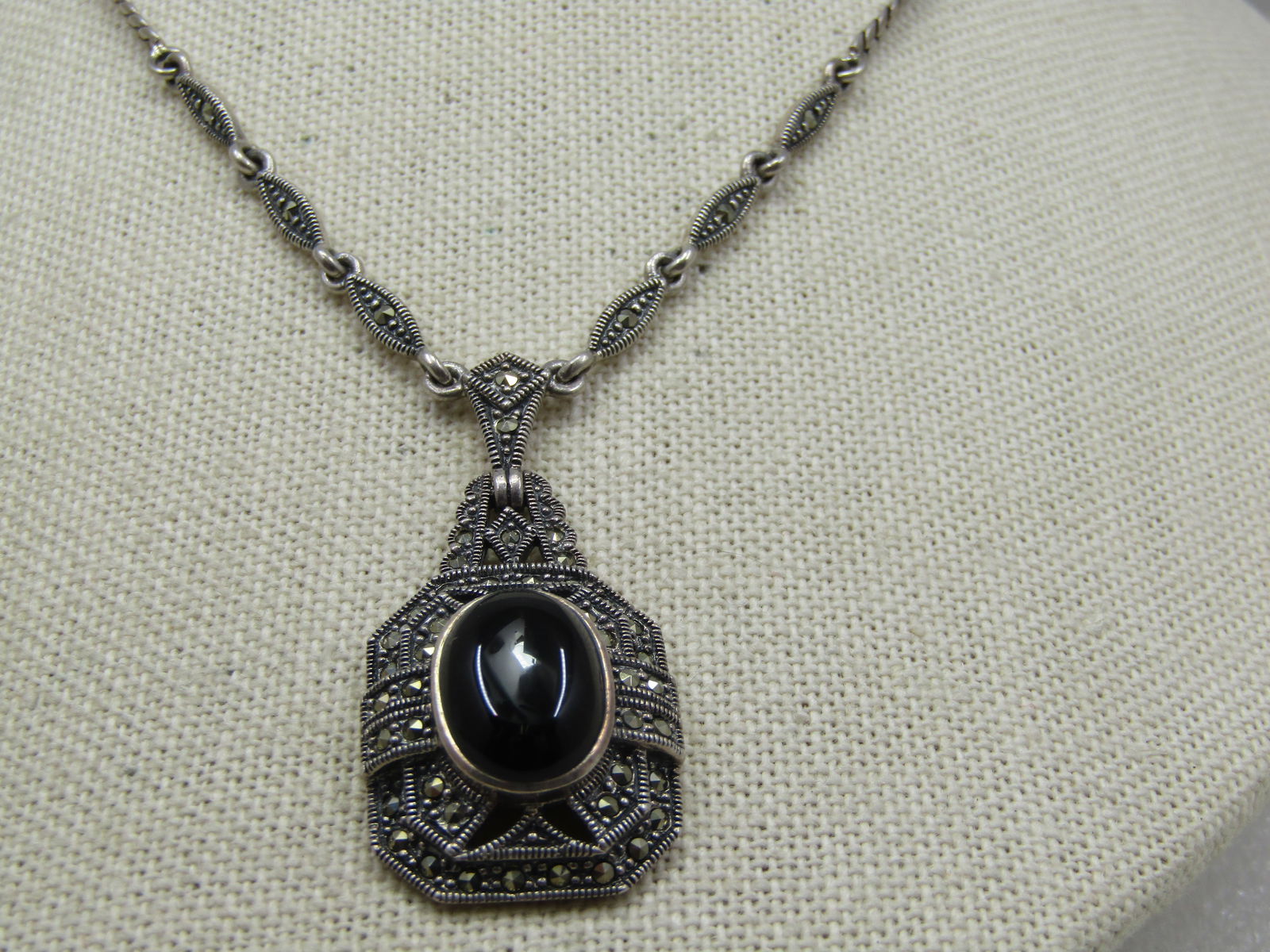 Vintage Sterling Onyx Lavalier Marcasite Lavalier Necklace, 16" - 3