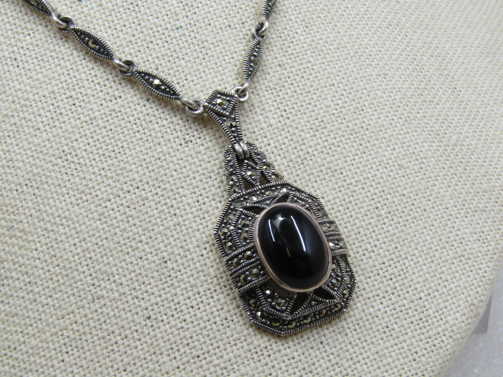 Vintage Sterling Onyx Lavalier Marcasite Lavalier Necklace, 16" - 4