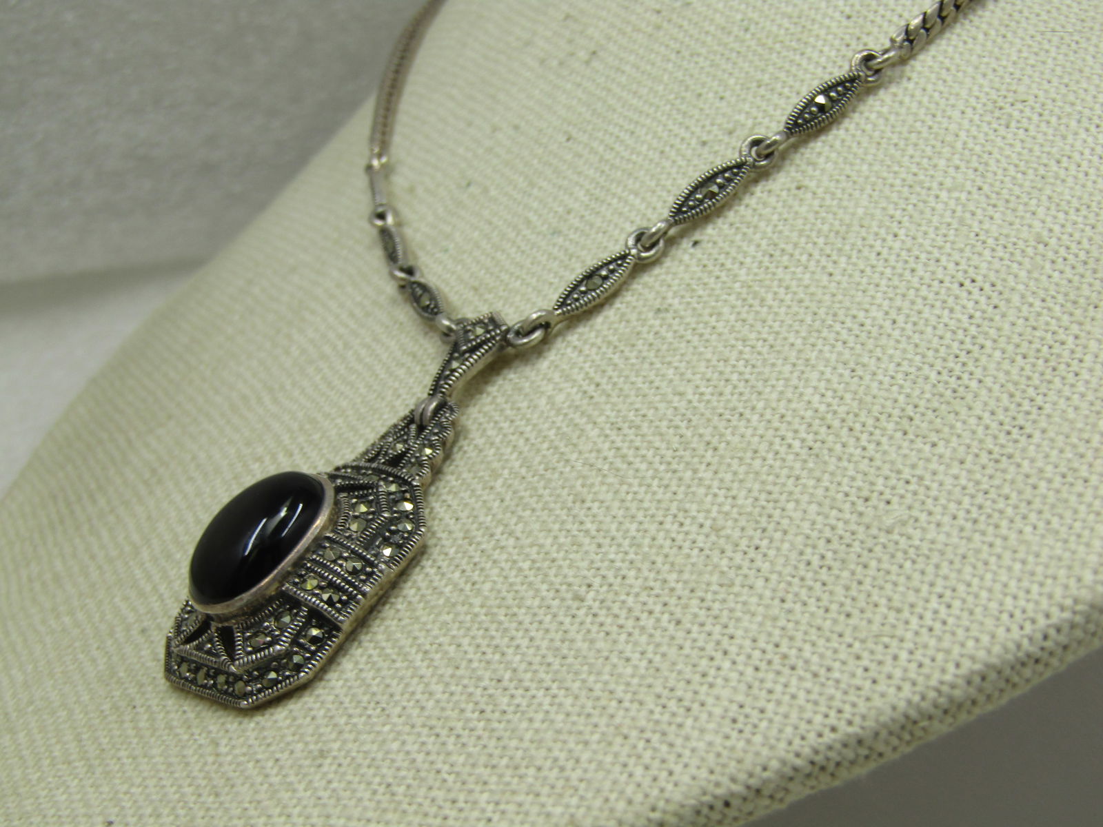 Vintage Sterling Onyx Lavalier Marcasite Lavalier Necklace, 16" - 5