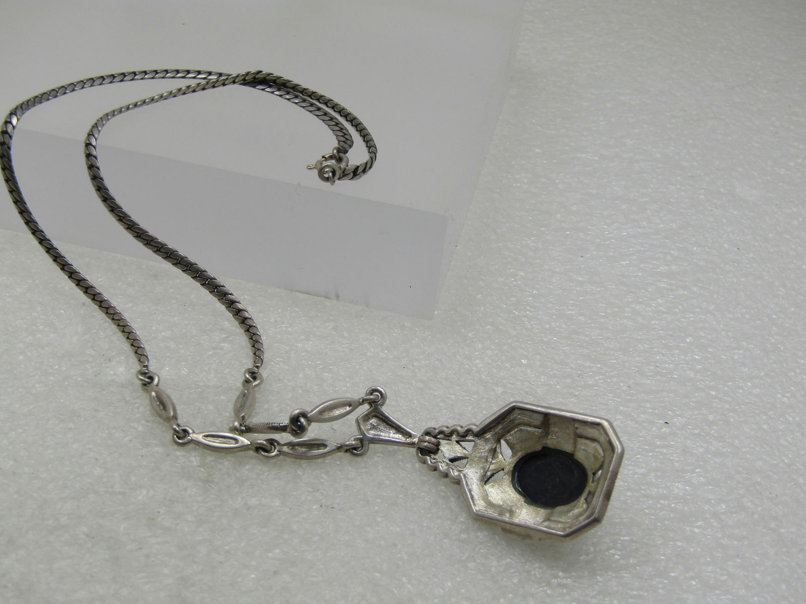 Vintage Sterling Onyx Lavalier Marcasite Lavalier Necklace, 16" - 6
