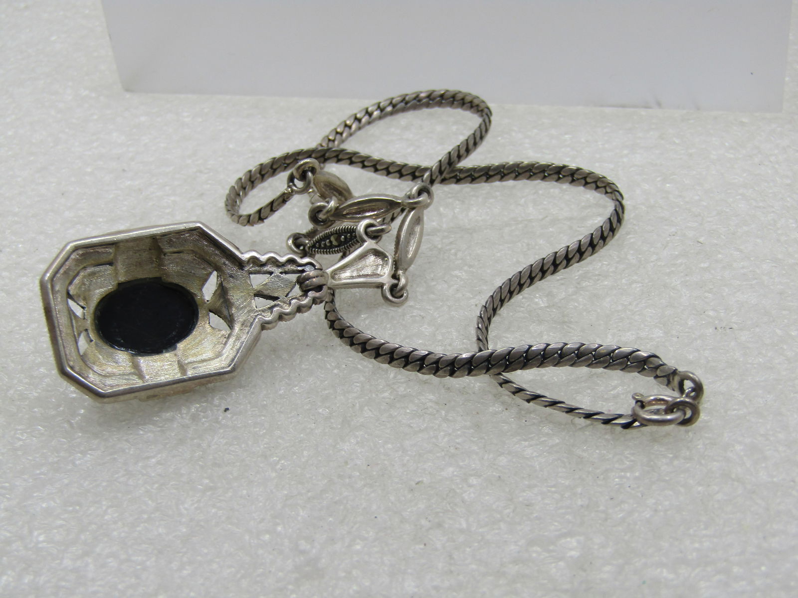 Vintage Sterling Onyx Lavalier Marcasite Lavalier Necklace, 16" - 7