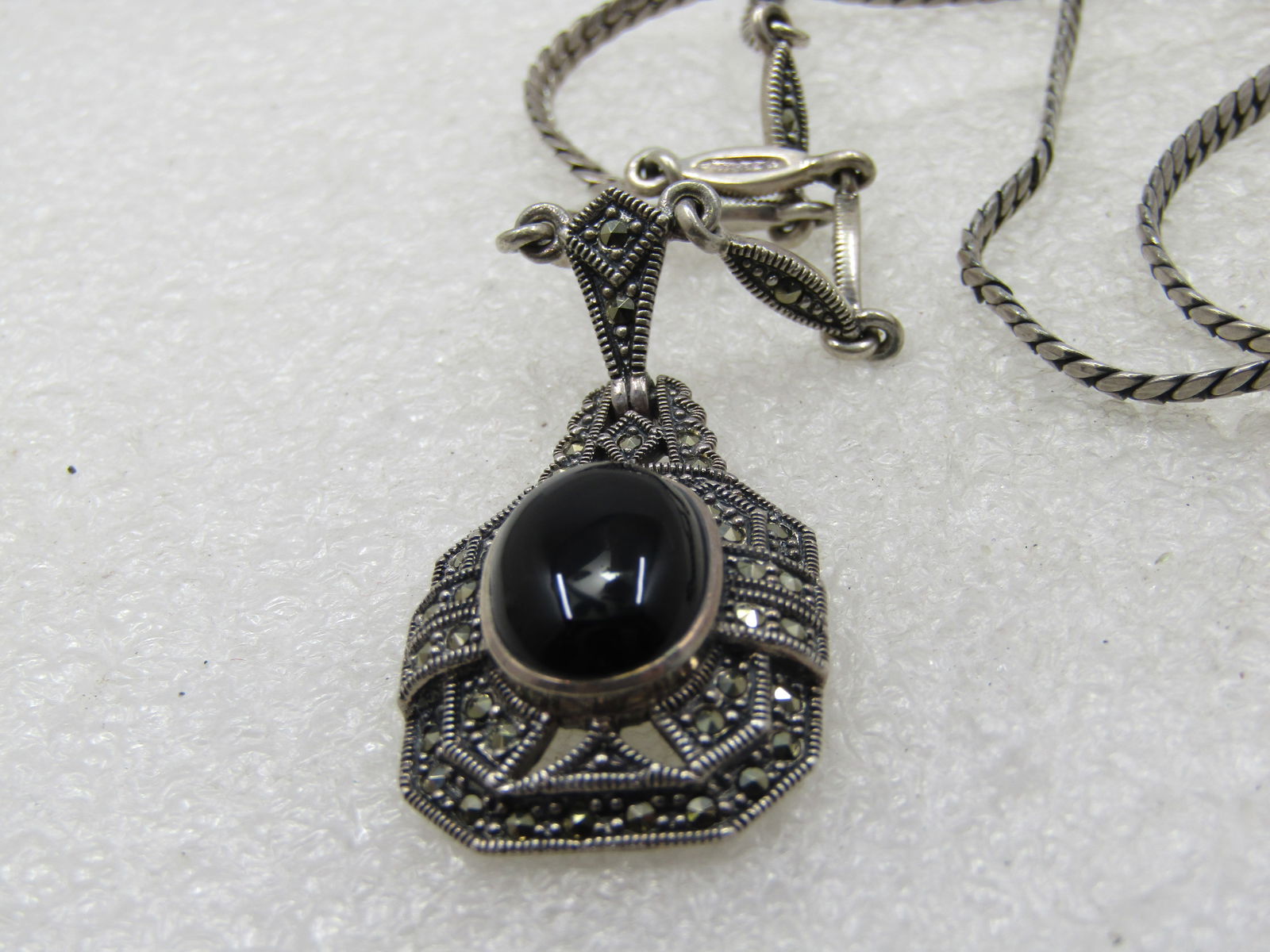 Vintage Sterling Onyx Lavalier Marcasite Lavalier Necklace, 16" - 8