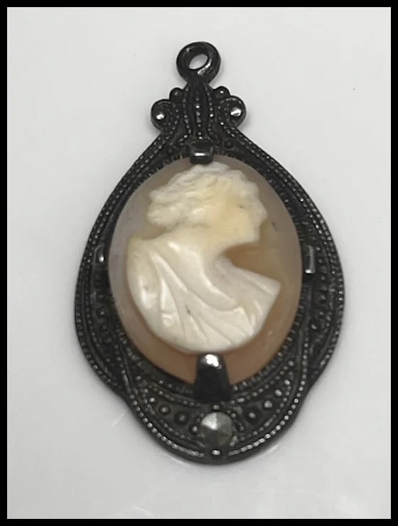 Vintage Carved Shell Cameo and Marcasite Pendant - 2