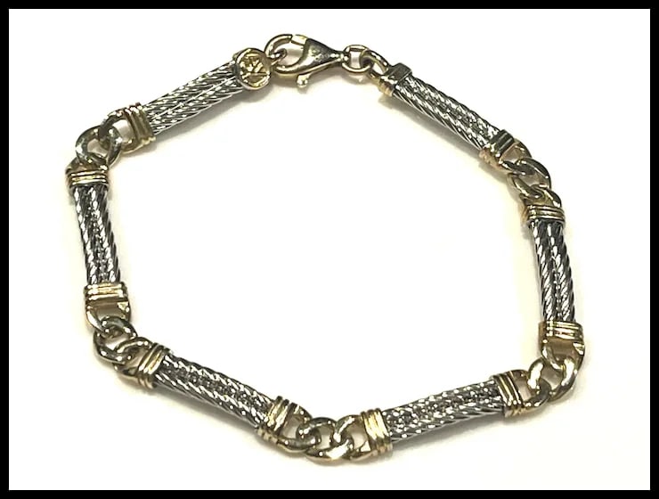 Vintage 14k Two Tone White and Yellow Gold Double Cable and Cuban Curb Link Bracelet - 3
