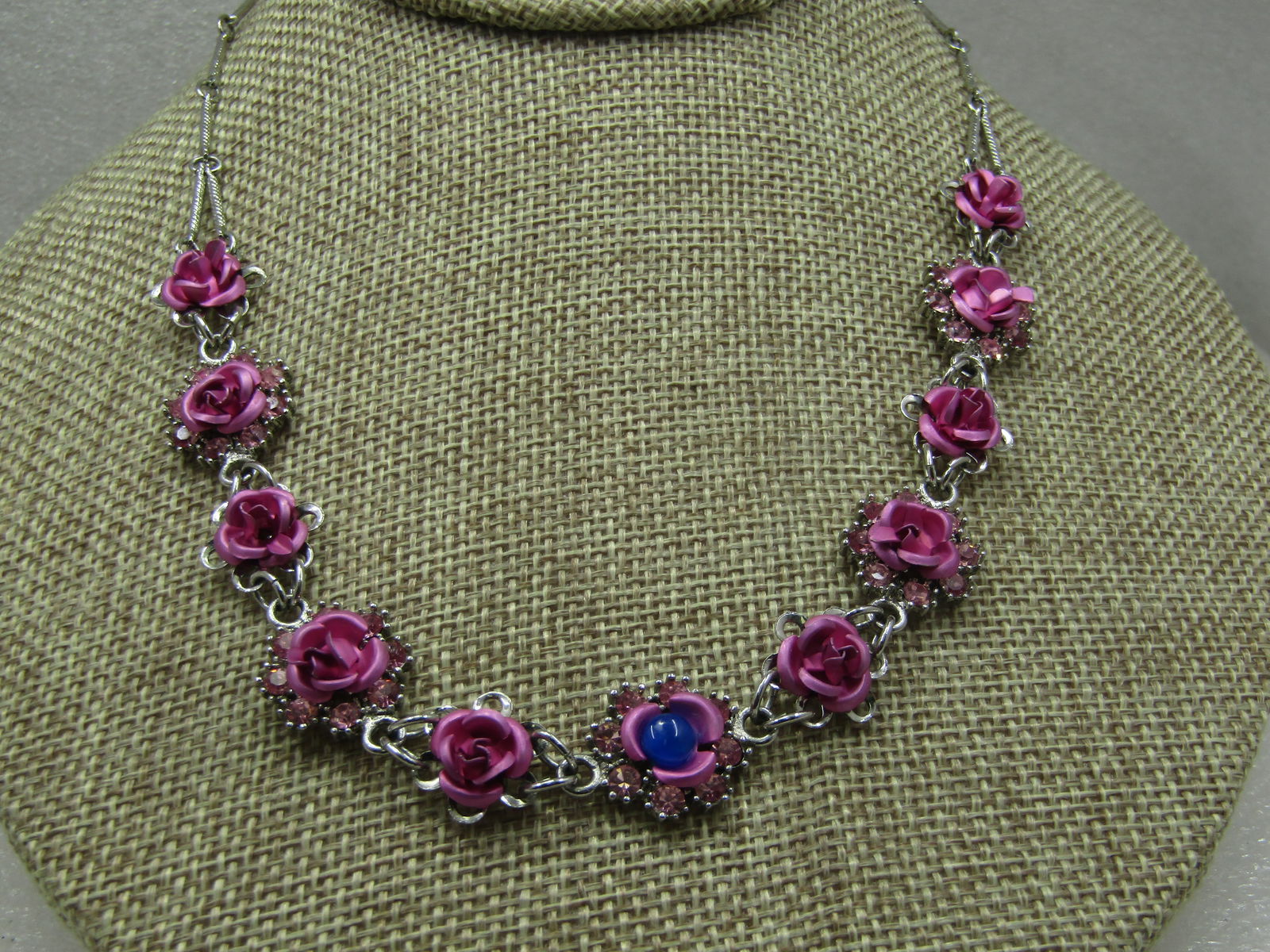 Vintage Pink Metallic Rose Necklace, 17", Pink Rhinestones & Blue Stone, Avon - 2