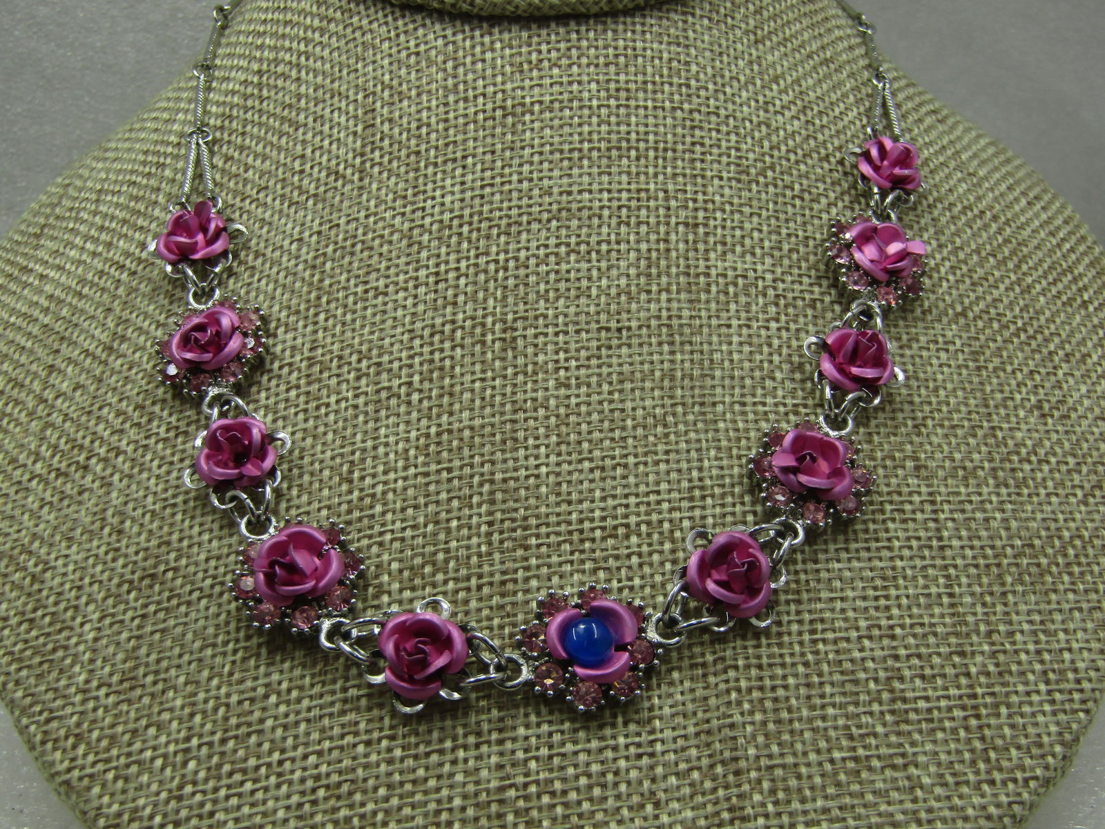 Vintage Pink Metallic Rose Necklace, 17", Pink Rhinestones & Blue Stone, Avon - 3