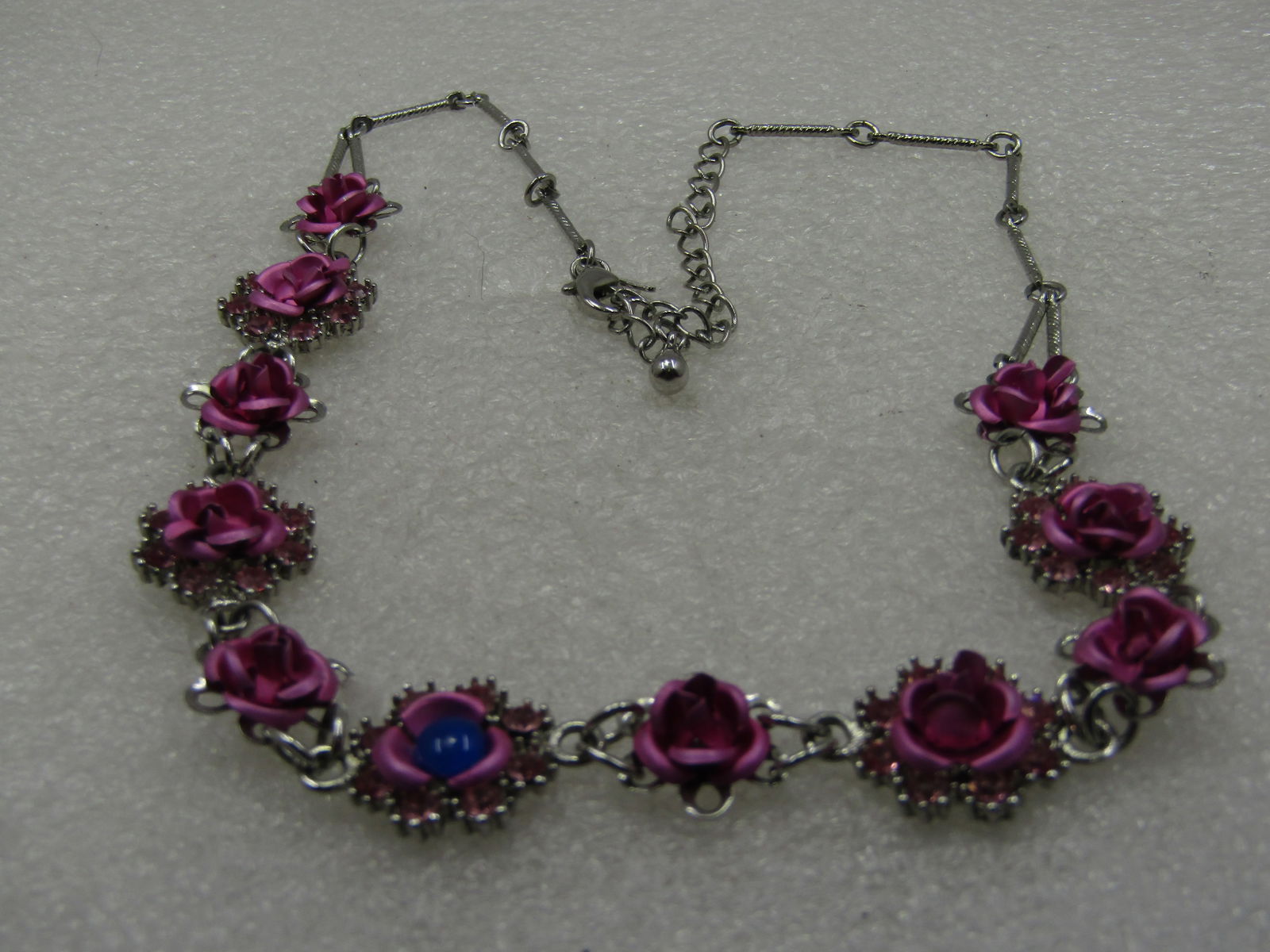 Vintage Pink Metallic Rose Necklace, 17", Pink Rhinestones & Blue Stone, Avon - 5