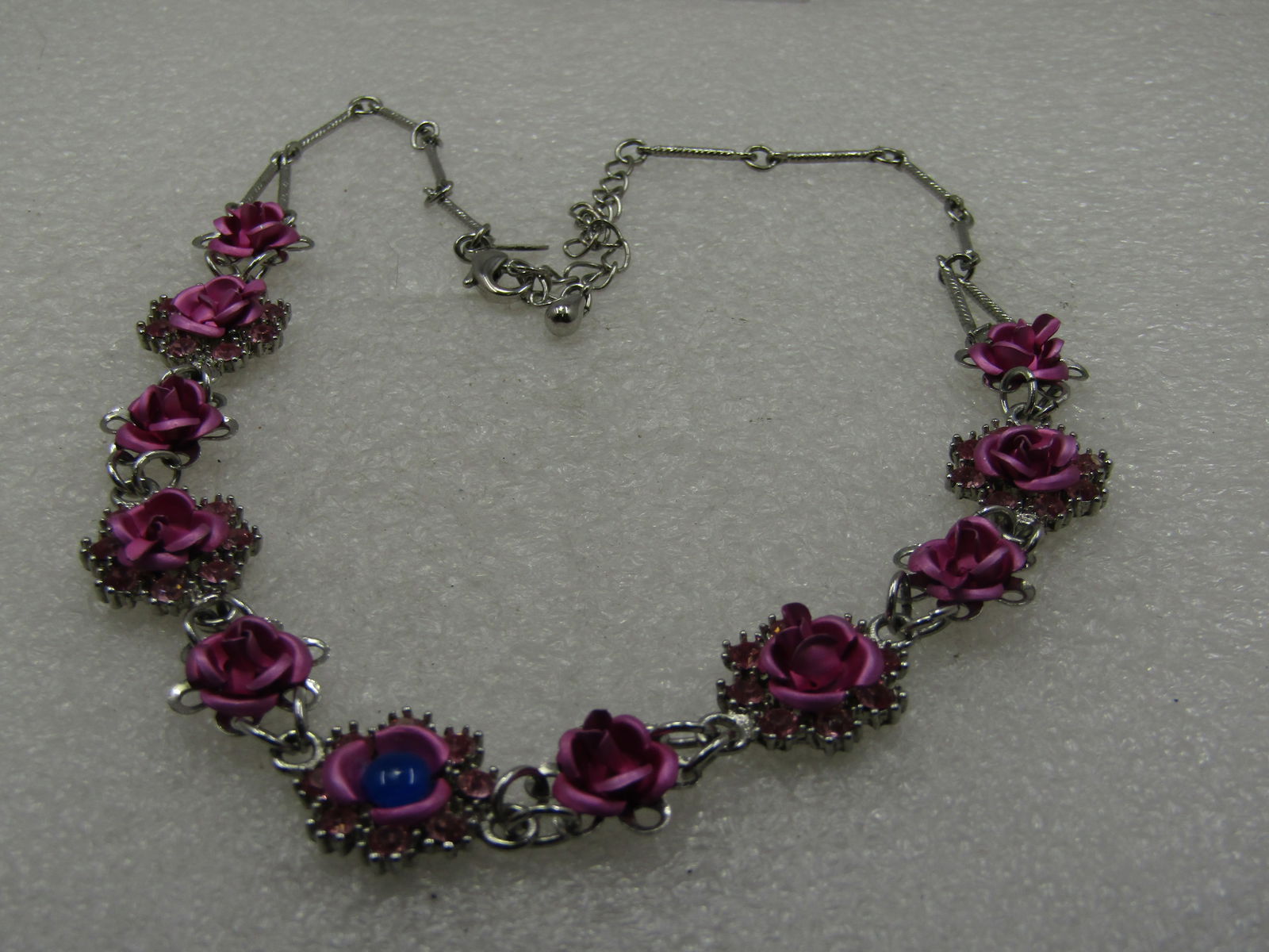 Vintage Pink Metallic Rose Necklace, 17", Pink Rhinestones & Blue Stone, Avon - 6