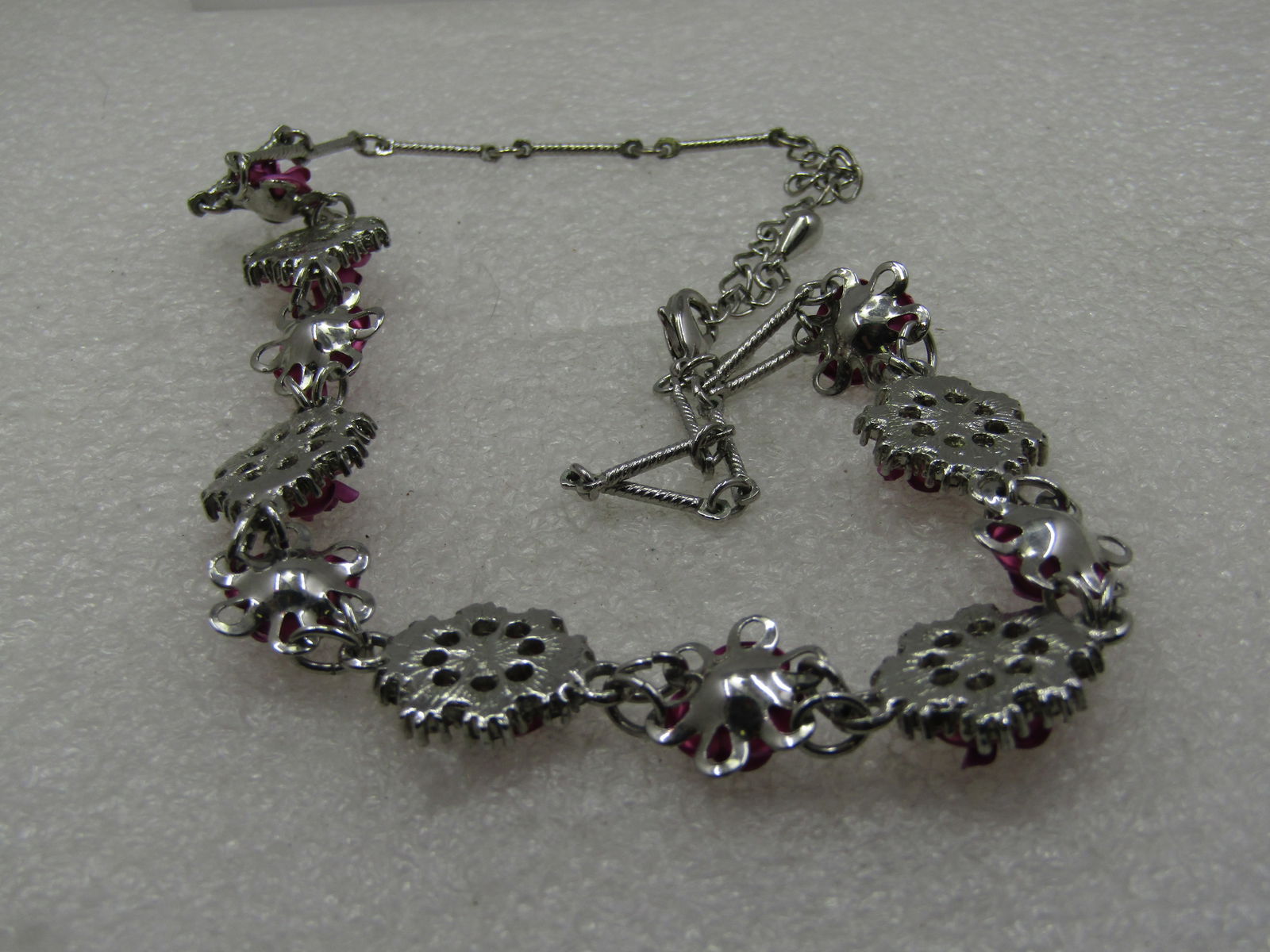 Vintage Pink Metallic Rose Necklace, 17", Pink Rhinestones & Blue Stone, Avon - 8