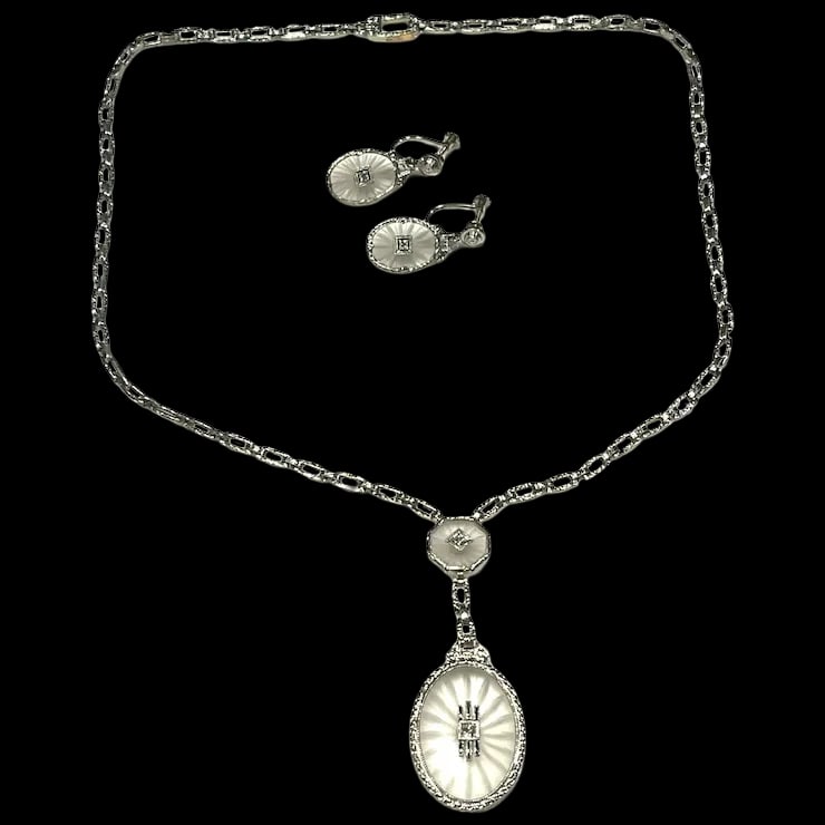 Art Deco Platinum Crystal and Diamond Necklace and Earring Set (1 of 9)