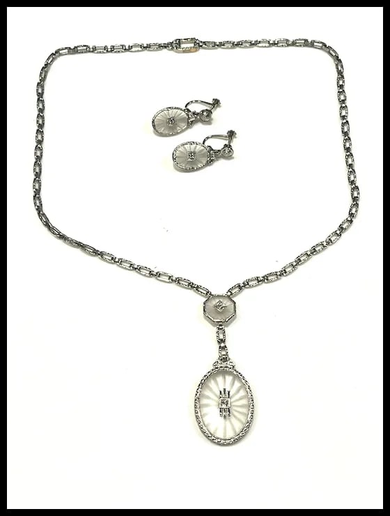 Art Deco Platinum Crystal and Diamond Necklace and Earring Set - 2